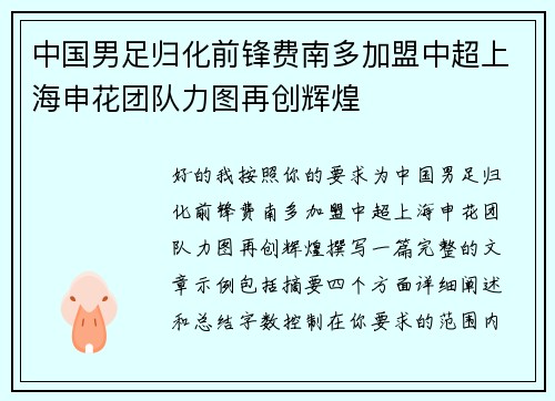 中国男足归化前锋费南多加盟中超上海申花团队力图再创辉煌