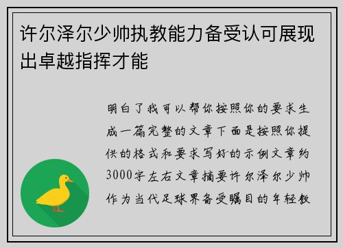 许尔泽尔少帅执教能力备受认可展现出卓越指挥才能